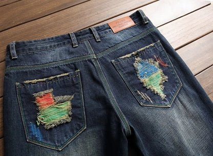 2026 New Men's Yellow Jeans, Blue Stretch Biker Trousers, Broken Hole Jeans, Fashion Popular Men Denim Pants Big Size 29-42