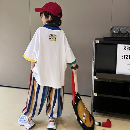 Summer Boys Cotton Contrast Cartoon T-Shirt Tops+Loose Colored Stripes Pant Set School Kids Tracksuit Child 2PCS Outfit 5-16 Yrs