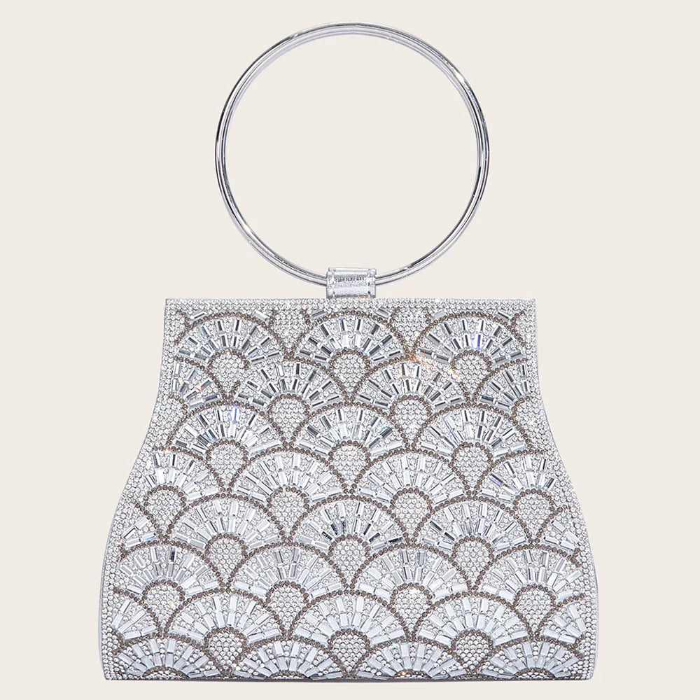 Banquet Bag Wedding Fashion Handbag Silver Artificial Leather Handmade Diamond Chain Bag for Women