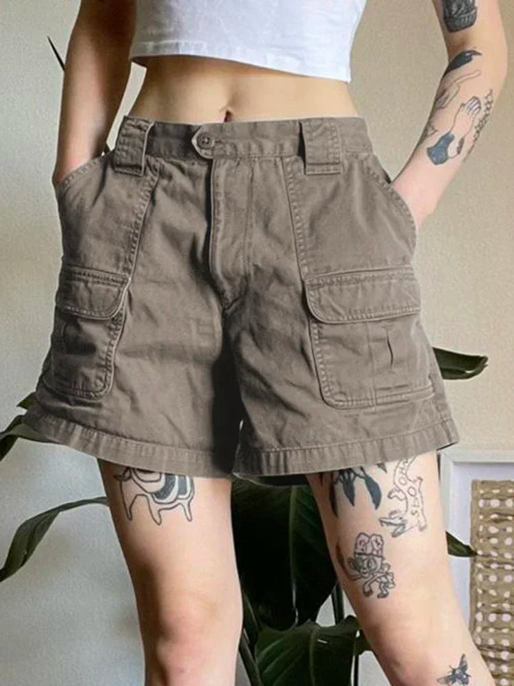 American Retro Washed Pocket Straight Leg Workwear Shorts for Female Boyfriend Mid Waist Casual Jeans Loose Pants Trendy Ins