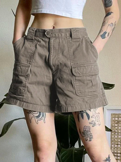American Retro Washed Pocket Straight Leg Workwear Shorts for Female Boyfriend Mid Waist Casual Jeans Loose Pants Trendy Ins