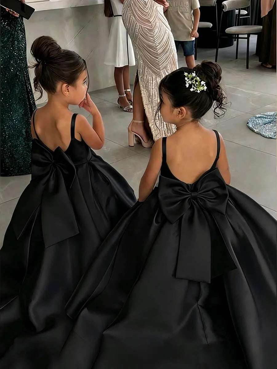 White Flower Girl Dress With Bow Strap Mini Bridal Wedding Dress Kids Ball Gown 1st Communion Frock Customized Vestidos De Noiva
