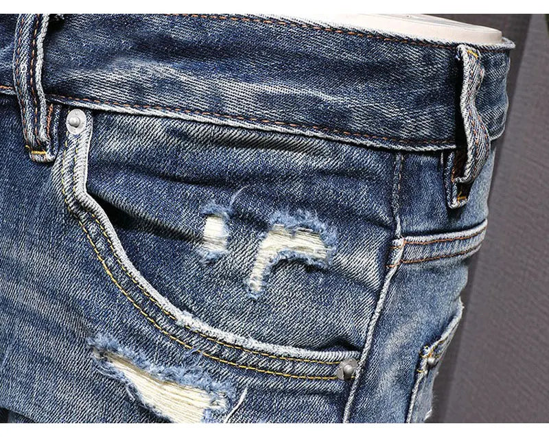 Street Fashion Men Jeans Retro Blue Stretch Slim Fit Hole Ripped Jeans Men Patched Designer Hip Hop Vintage Denim Pants Hombre