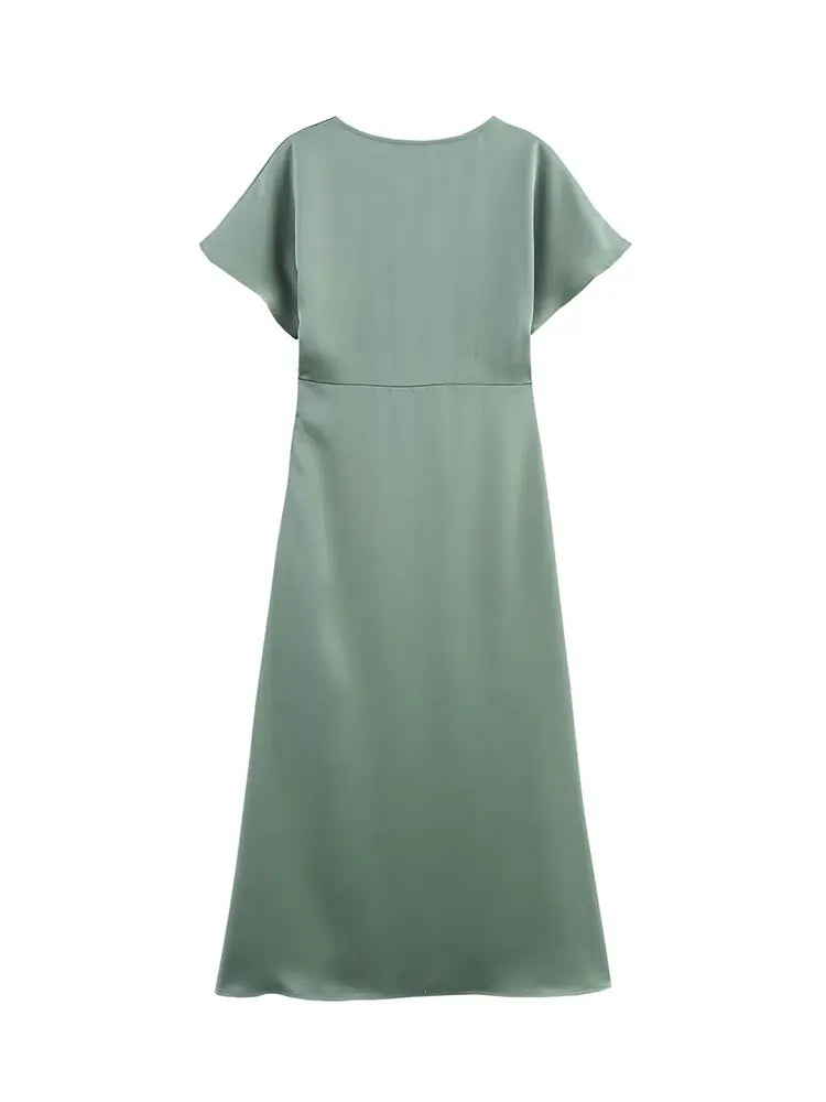 Women Elegant Solid Satin Dress Sexy V Neck Short Sleeve Midi Dress 2025 New Fashion Summer Lady Holidays Party Dress