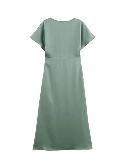 Women Elegant Solid Satin Dress Sexy V Neck Short Sleeve Midi Dress 2025 New Fashion Summer Lady Holidays Party Dress