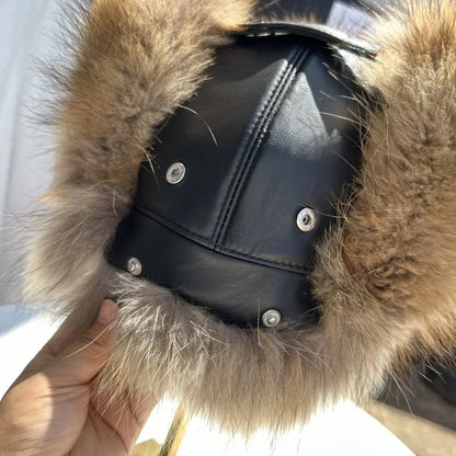 100% genuine fox fur ear-protecting hat Men real raccoon fur bomber hat Women winter warm fur real sheep leather snow hat