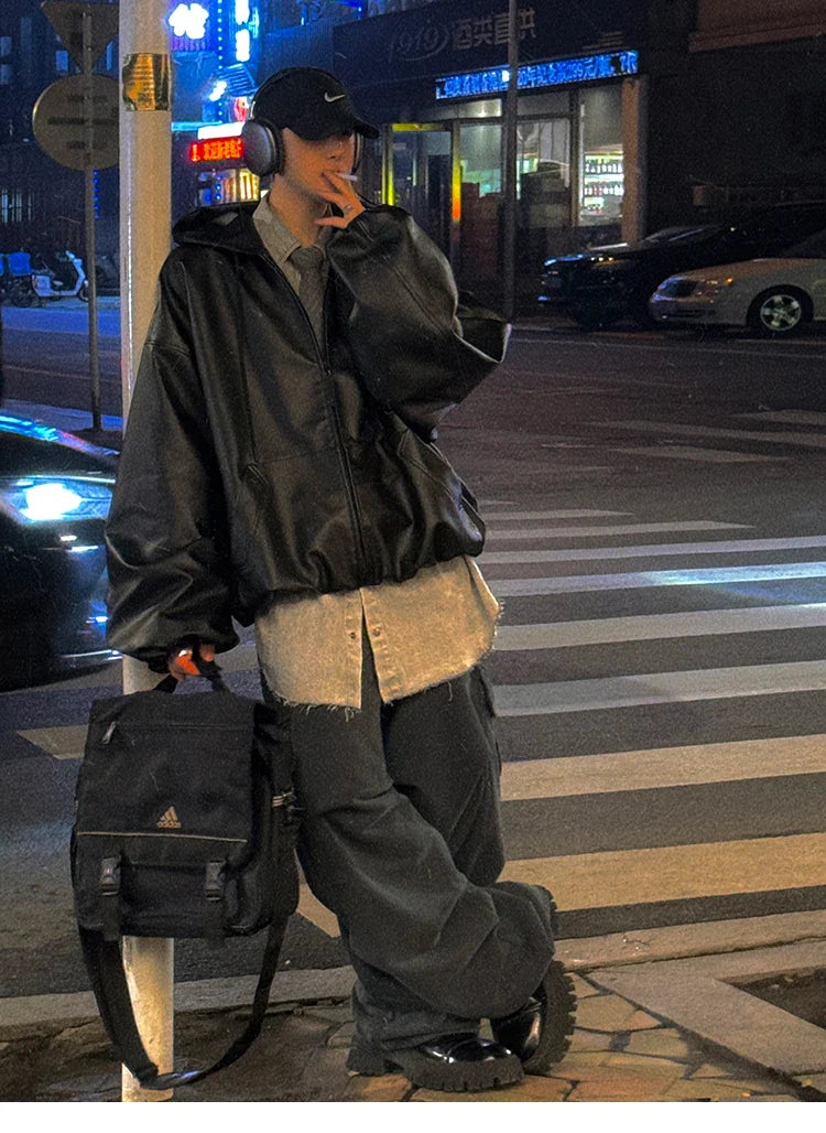 Spring Autumn Short Oversized Black Soft Pu Leather Jacket Men with Hood Zipper Loose Casual Korean Fashion Clothes