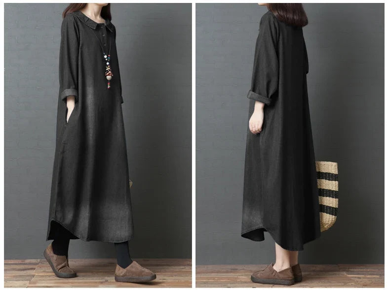 Women's Denim Dr Long Sve Loose Fit irt Sle Autumn Spring Faion plus Size Clothing Meat Concealing Slimming Skirt