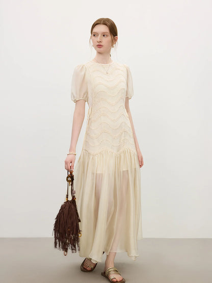 2025 Summer Women's Mesh Embroidery Dress Hollow Out Splicing Bubble Sleeves Waist Tie Y2K Trendy Boho Chic 25FS12832