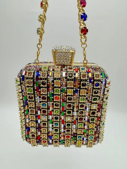 Handmade Diamond Encrusted Square Clutch Evening Bag Small Size Portable Sparkling Polyester Fiber Dinner Bag for Women