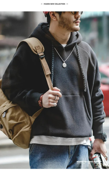 2024 Autumn Winter Casual Heavyweight Hoodie Men's Black Versatile Thickened Fleece Pullover Loose Warm Hooded Sweatshirt