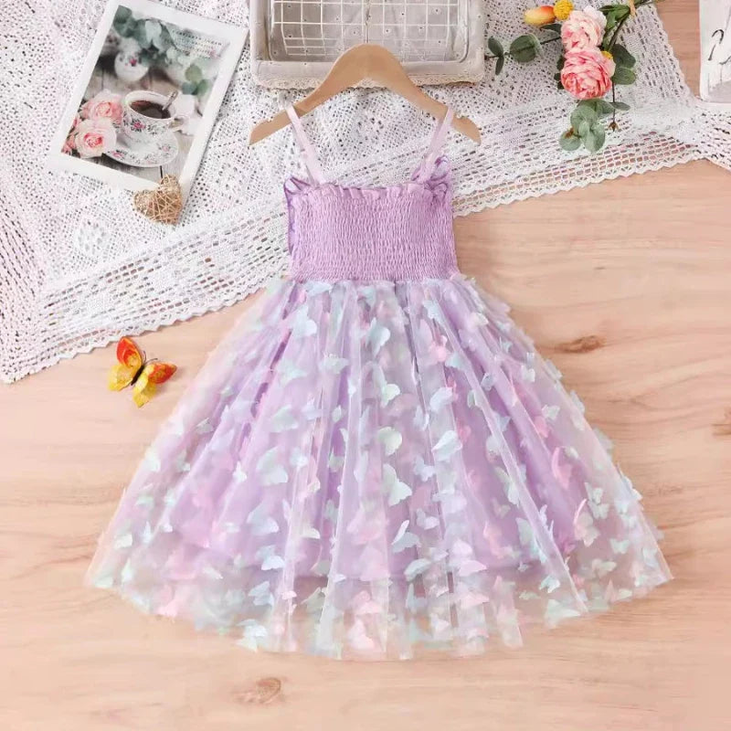 2024 Girls Purple Butterfly Dress Summer Children Colorful Mesh Dress Baby Sling Wings Princess Dress for Birthday 3-8T