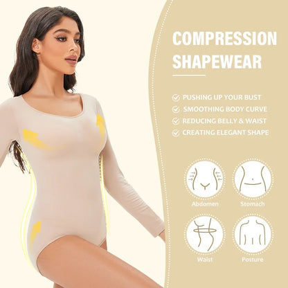 Spandex Elastic Body Suit Shapewear Women Body Shaper Tummy Control Long Sleeve Open Crotch Round Neck Seamless Shapers