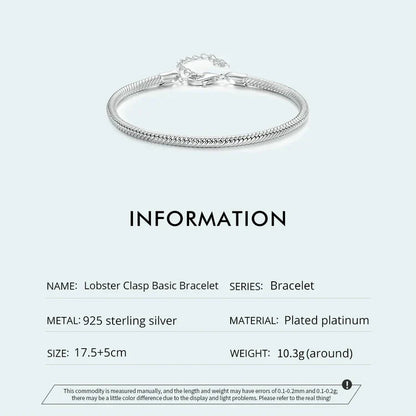 Original 925 Sterling Silver Basic Bracelet Lobster Clip Snake Chains Infinite Love Clasp DIY Jewelry Beads for Women Gift