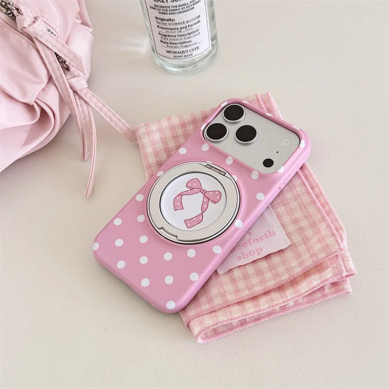 Pink Polka Dot Bow Phone Case For iPhone 17 16 15 Pro Max Cute Soft Shockproof Cover With 360°  Ring Stand Camera Protect