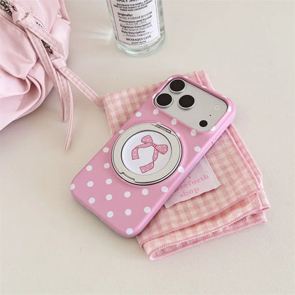Pink Polka Dot Bow Phone Case For iPhone 17 16 15 Pro Max Cute Soft Shockproof Cover With 360°  Ring Stand Camera Protect