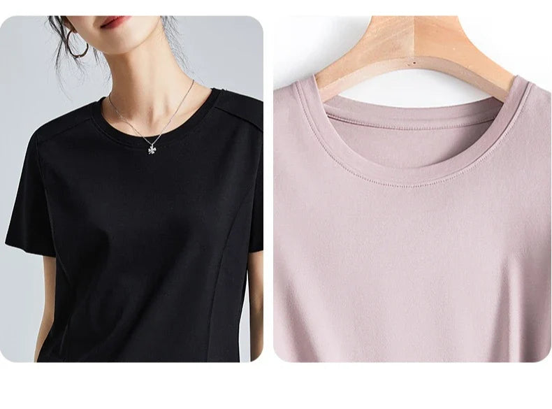 Summer Women's White Mercerized Cotton T-Shirt | 3D Stitching Round Neck Basic Top | Plus Size Slim Fit Layered Casual Blouse