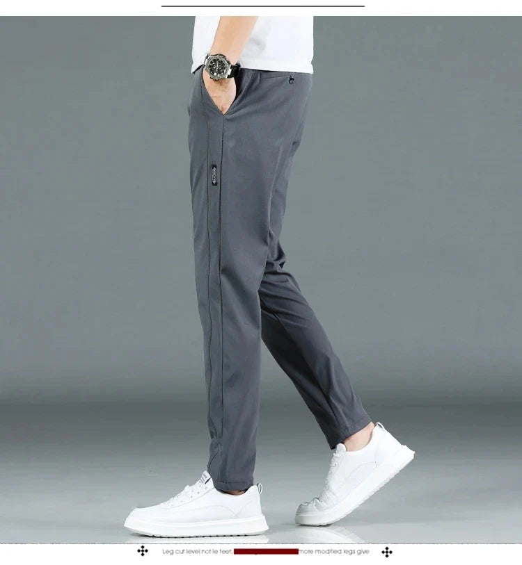 2026 Summer New Thin Ice Silk Stretch Men's Pants Casual Elastic Waist Smooth Trouser Pants Male Brand Clothing 5 Colour