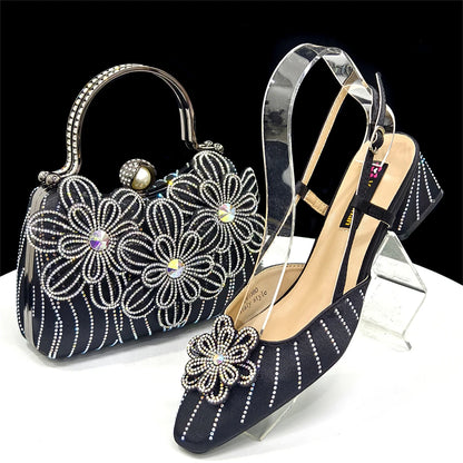 2026 Elegant Gold Color Women's Heels Handbag Set Rhinestone Embellished Designer Shoes for Weddings Special Events