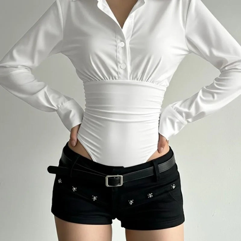 Summer Fashion New Design Sense High-end Spicy Girl Three-dimensional Top Simple Slim Fit Versatile Long Sleeved Jumpsuit Shirt