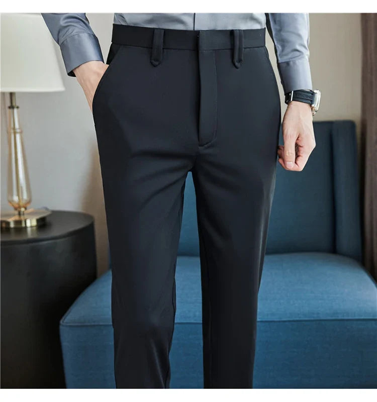 Mens Dress Pants Trousers 2025 Summer New Thin Breathable Solid Casual High Elastic Slim Fit Suit Pants Streetwear Men Clothing