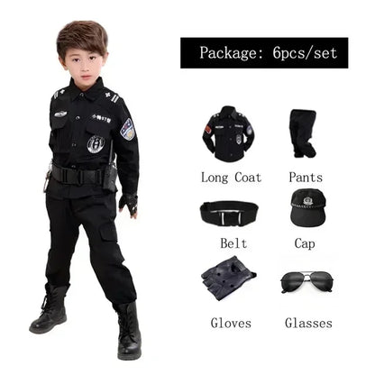 Nieuwe Cosplay Kids Politie Kostuums Kids Kerstfeest Carnaval Uniform Politie Halloween Jongens Leger Politie Kleding Cadeau Set