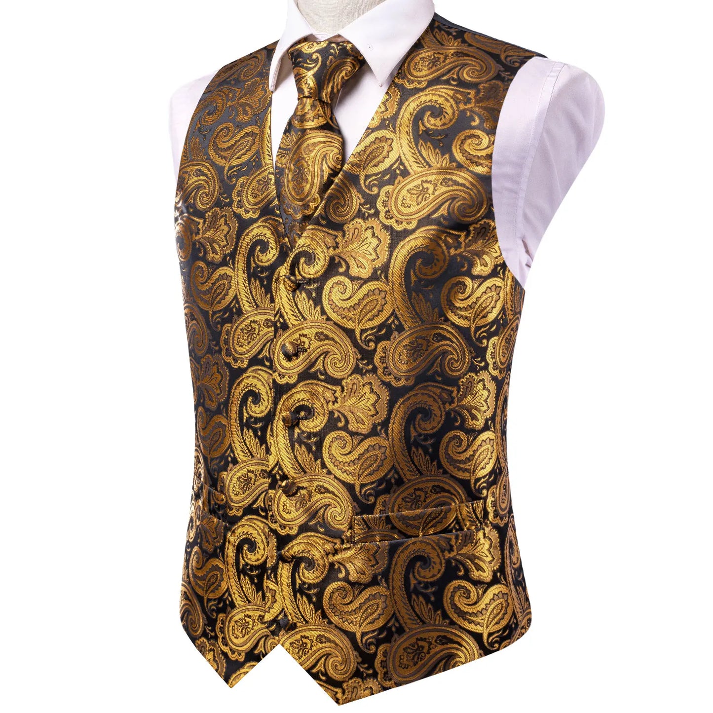 Silk Mens Waistcoat Tie Set Gold Brown Orange Beige Ivory Khaki Bronze Sleeveless Jacket Suit Vest Necktie Hanky Cufflink