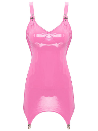 Womens Shiny Metallic PVC Leather V-Neck Mini Dress Chemise Wet Look Night Club Bodycon Babydoll Clubwear with Garter Belt