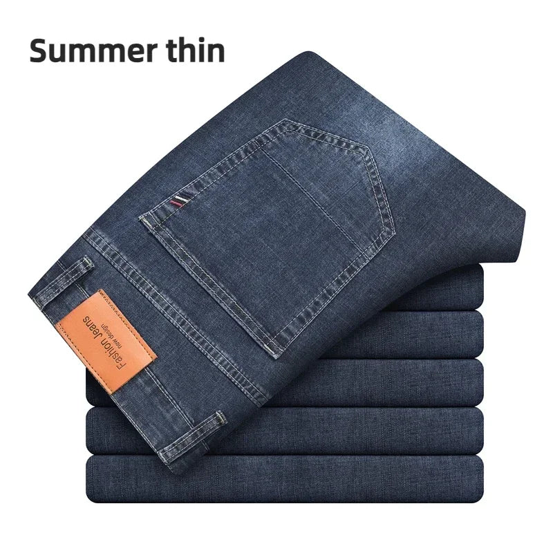 2024 Brand Thin or Thick Material Straight Cotton Stretch Denim Men's  Business Casual High Waist Light Grey Blue Jeans