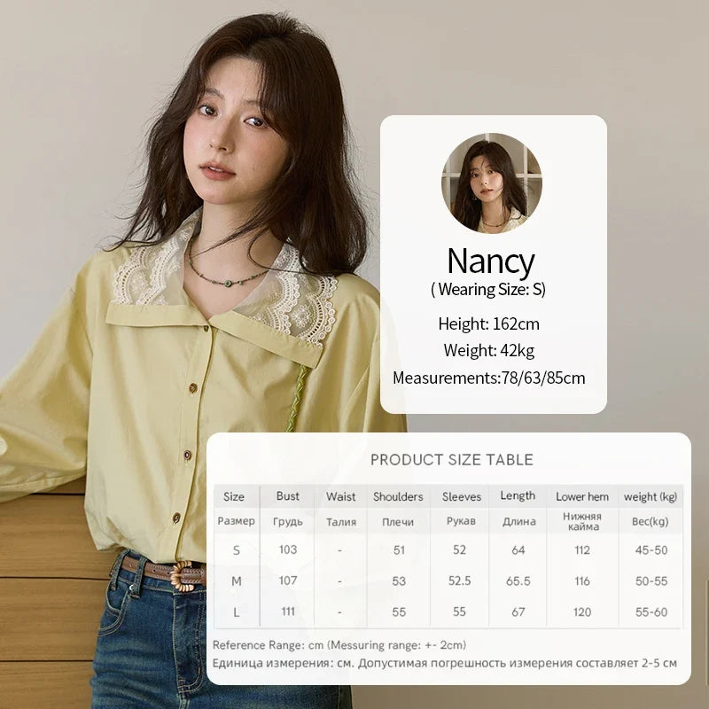Autumn Solid Cotton Shirt Autumn V-neck Double-layer Lace Retro Design Shirts Single Breasted Tops Office Lady MXE41C2366