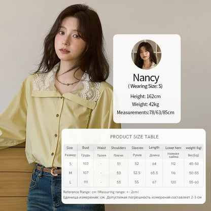 Autumn Solid Cotton Shirt Autumn V-neck Double-layer Lace Retro Design Shirts Single Breasted Tops Office Lady MXE41C2366