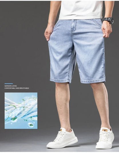 Lyocell Thin Men's Baggy Denim Shorts Loose Summer Casual  Stretch Soft Straight Jeans Male Brand Shorts Male Blue Grey