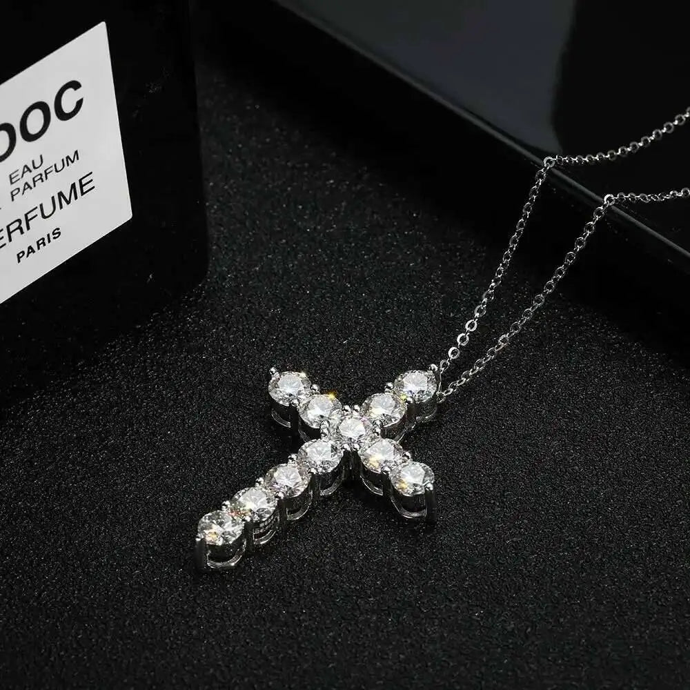 Full Moissanite Cross Pendant Original Sterg Sliver Chain Plated White Gold Fine Necklace For Women Jewelry