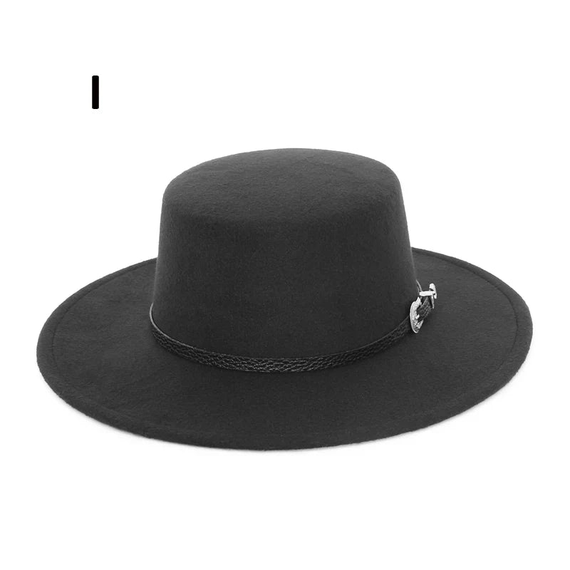 Elegant Wide Brim Fedora Hat for Women Men Flat Top Boater Hat Belt Buckle Fedoras Church Panama Hats