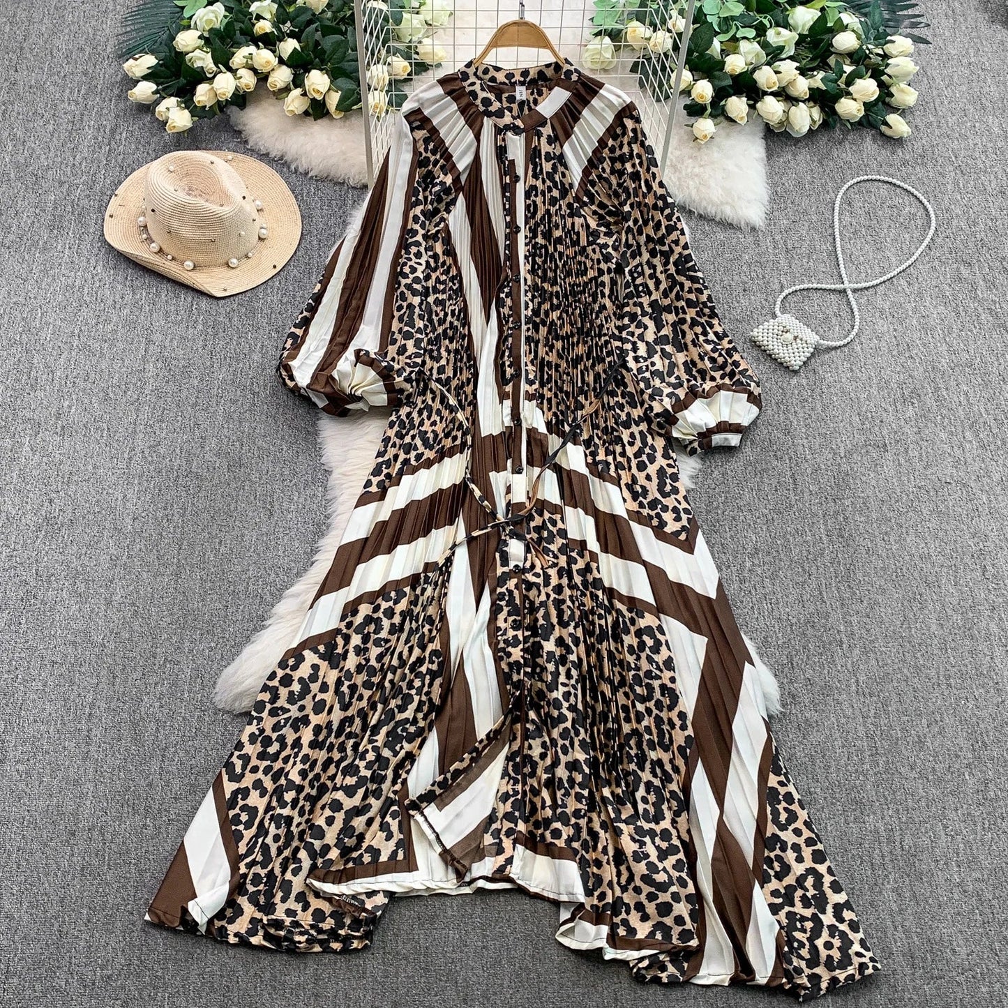 Ele Printed round Ne Lantern Sve Dr Women's Single Button Waist Cinch Maxi Skirt Long Dr Commute Sle Autumn