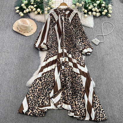 Ele Printed round Ne Lantern Sve Dr Women's Single Button Waist Cinch Maxi Skirt Long Dr Commute Sle Autumn
