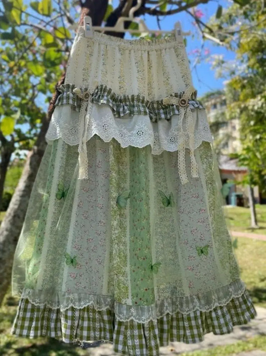 Japanese Style Casual Vacation Skirt Women Resort Vintage Lace Stitching Loose Skirts Summer Print Check Chic Design Outfits New