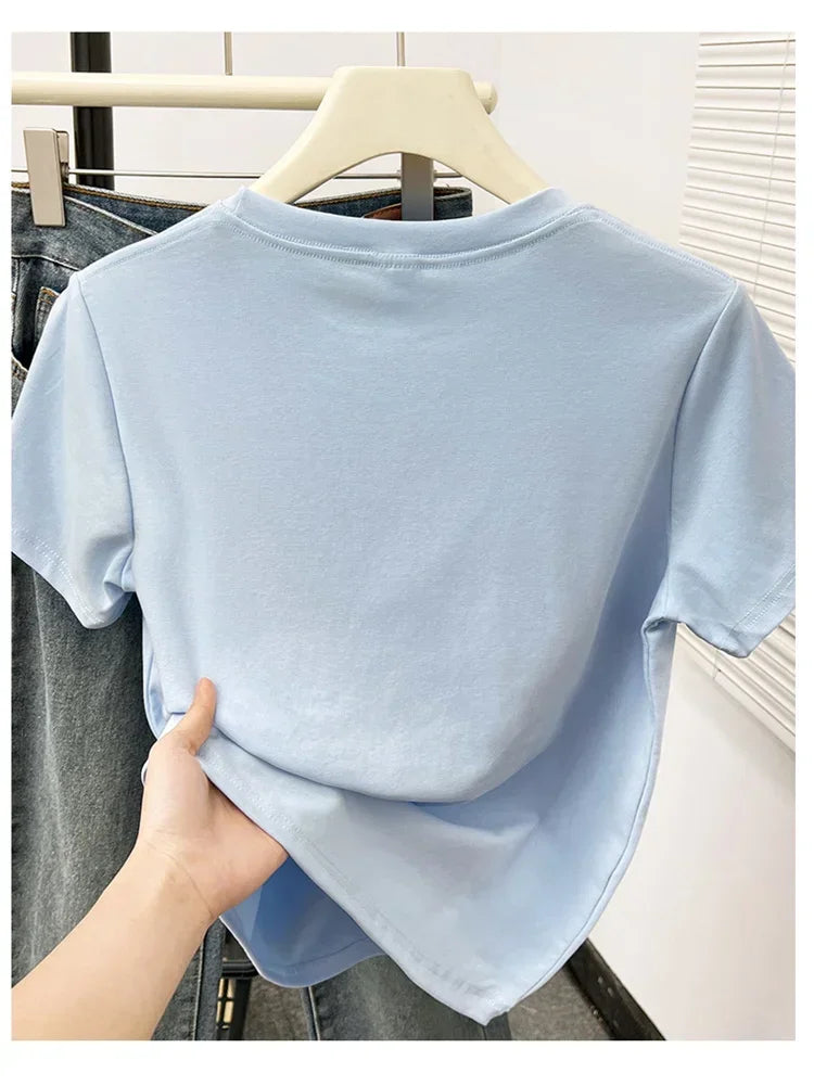 2026 Summer New High Quality Casual Plus Size T Shirt Sexy Short Sleeved Sleeves Fashion Trend Solid Women Clothing Y2k Tops