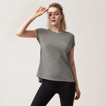 Women's Split Side Yoga Top Sexy Open Back Fitness T-shirt Loose Fit Workout Tee Running Sports Cover Gym Wear Woman Clothing