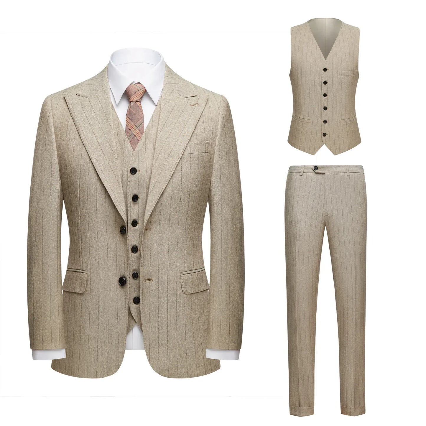 Apricot Men's Striped Three-piece Suit, Featuring A Jacket and Vest Paired with Pants—perfect for Weddings, Parties, or Office.