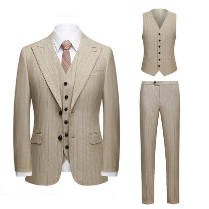 Apricot Men's Striped Three-piece Suit, Featuring A Jacket and Vest Paired with Pants—perfect for Weddings, Parties, or Office.