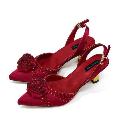 Sparkling Rhinestone Rose Pumps With Medium Heel for Nigerian Women's Party, Pointed Toe Shoes and Matching Bags