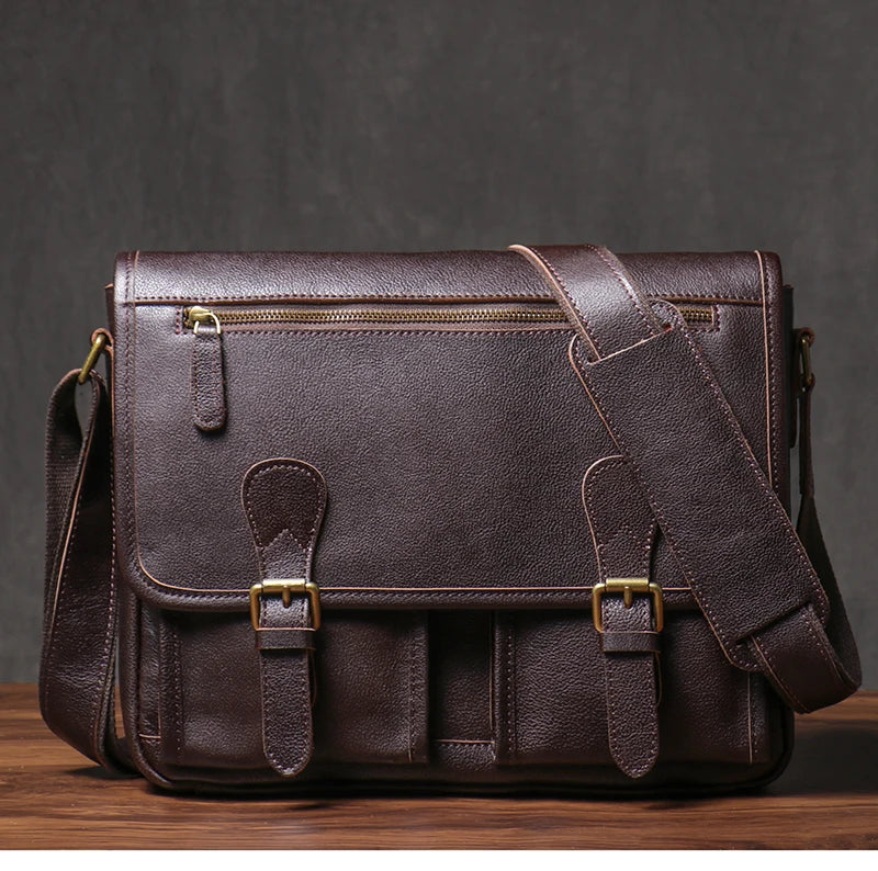 Vintage Crazy Horse Leather Messenger Bag Men's Genuine Luxury Sling Shoulder Bag Office Briefcase Crossbody 12.9 Inch Ipad