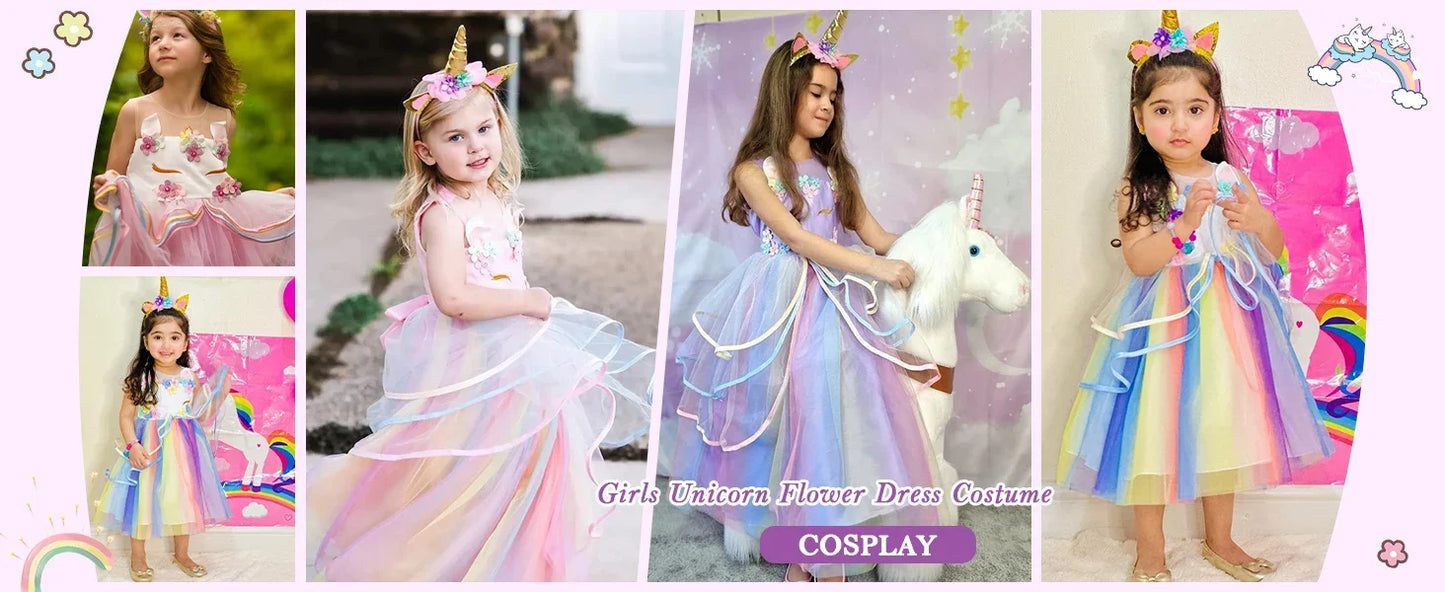 Dreamy Girl Embroidery Sleeveless Unicorn Mesh Princess Dress With Hair Hoop Wing For Kids Party Performance Birthday Gift 2-10T