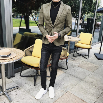 Blazer Hombre Men's Casual Slim Fit Deerskin Velvet Suit Jacket High-quality Korean Luxury Formal Solid Color Suit 6 Colors