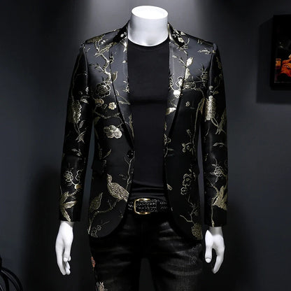 New Vintage Luxurious Jacquard Floral Suit Jacket Men Wedding Banquet Club Party Dress Singers Tuxedo Slim Fit Blazers Hommes