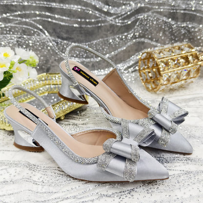 Elegant Gold Satin Rhinestone Bow Slingback Heel & Clutch Bag Set, Women Bridal Matching Kit For Wedding Party Evening Prom Form