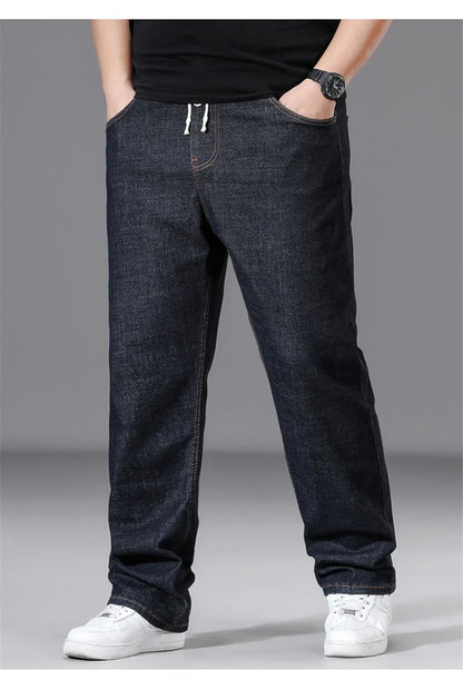 8XL Plus Size Jeans Men Solid Color Denim Pants Male Fashion Casual Baggy Jeans Elastic Waist Straight Pants