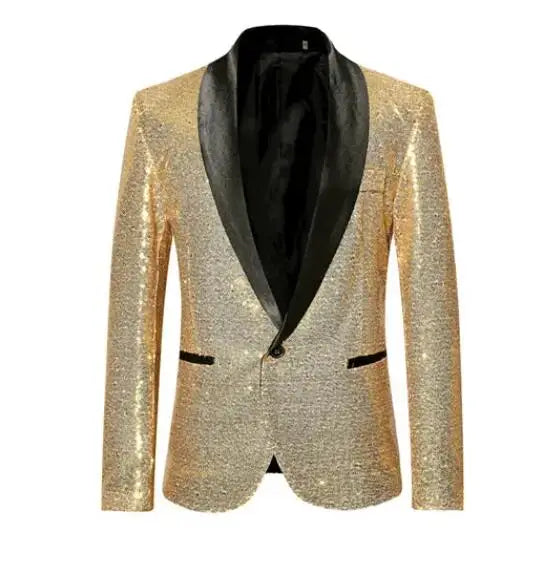 2026 Men's Suit Jacket, Shiny Sequin Stage Performance Coat, White Silver Blue Red Purple Blazers V-neck Single Button S-XXL