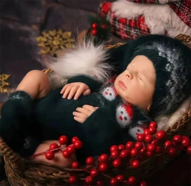 Christmas Baby Clothing Newborn Boy Girl Photography Santa Claus Costumes Sets Green Knitted Romper Stockings Hat 3pcs for Xmas